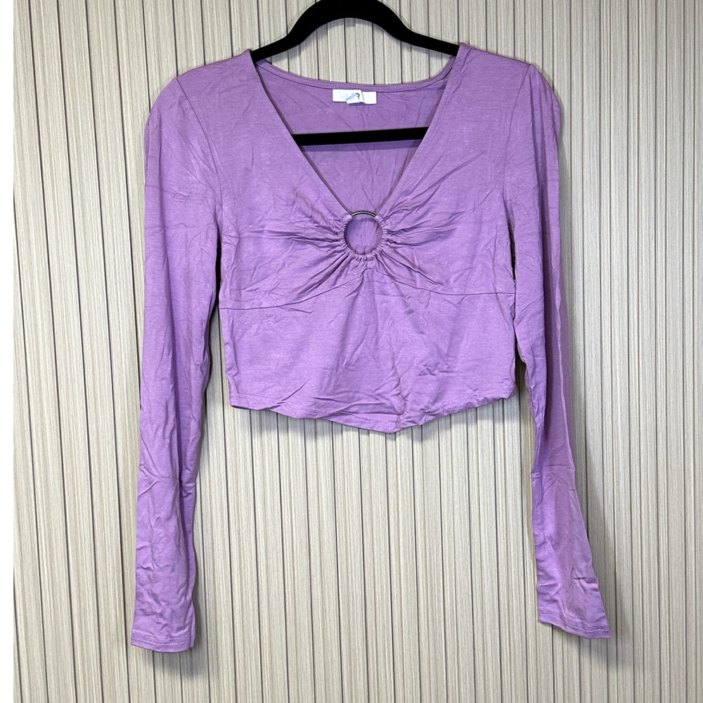 BP. V-Neck Keyhole Long Sleeve Crop Top in Pink Gale Size M - Picture 1 of 7